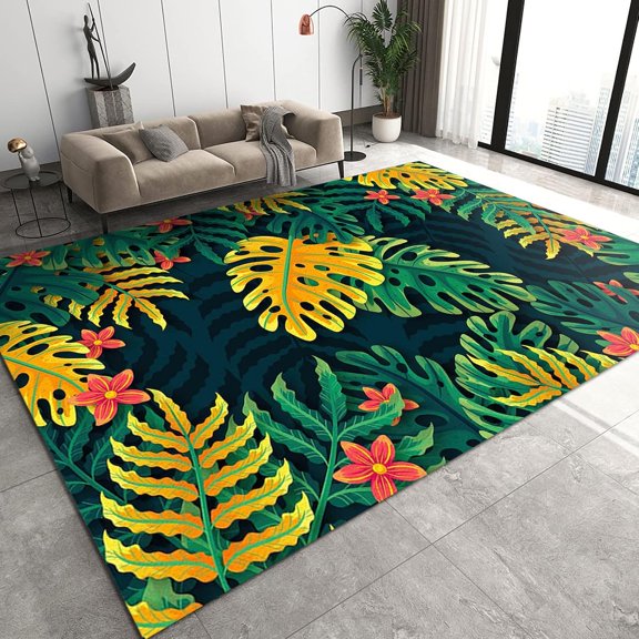 Retro Tropical Rainforest Area Rugs, Green and Yellow Banana Monstera Apartment Carpet, Living Room Carpet Durable Enough Soft Texture Apply to Cafe Office Door Mats Porch,2ft x 3ft