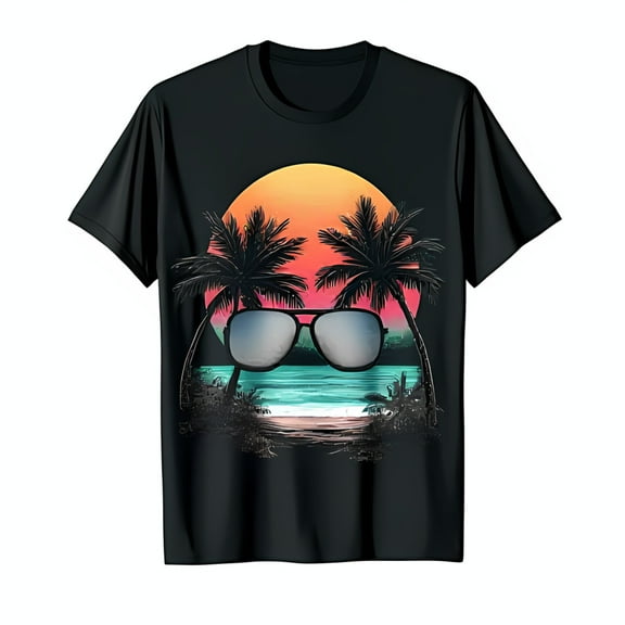 Retro Tropical Sunset Graphic Black T-Shirt with Trees & Sunglasses