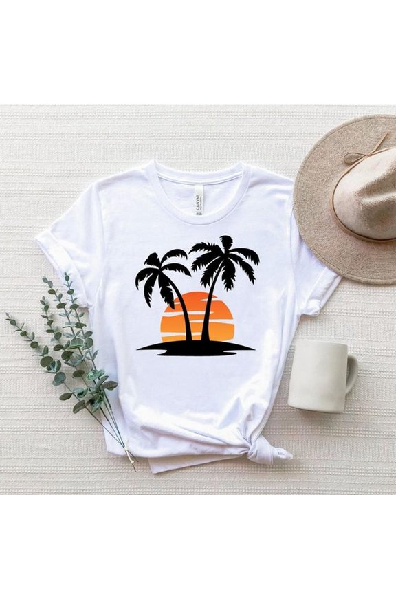 Retro Tropical Sunset Shirt, Sunset And Palms Shirt, Palm Tree T-Shirt, Palm Beach Shirt, Sunset Beach Tee, Summer Shirt, Nature T-Shirt
