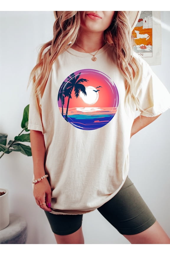 Retro Tropical Sunset Shirt Vintage Palm Beach Tee Full Size S-5XL