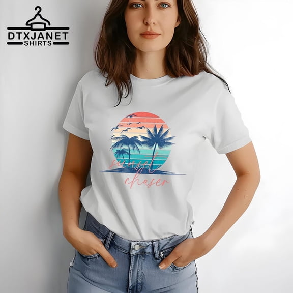 Retro Tropical Sunset T-Shirt,Sunset Chaser Shirt,Women's Beach Tee,Summer Shirt for Women,Island Vacation Tee,Beach Lover Gift,Summer Vibes All Size S-5Xl