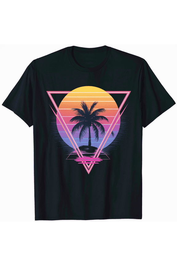 Retro Tropical Sunset Vibes Palm Tree and Geometric Triangle Design Mens Tshirt Unisex Tee