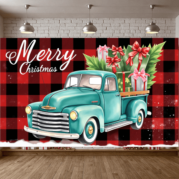 Retro Truck Decoration Christmas Banner Holiday Gifts Festive Design Snow Background for Winter Celebrations Indoor Party