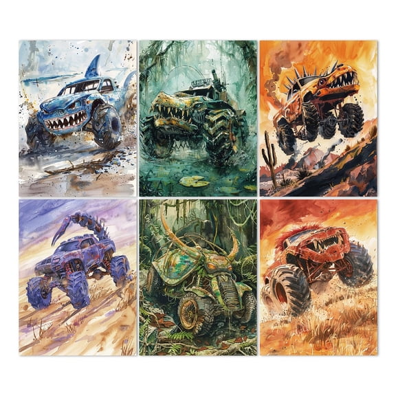 Retro Truck Monster Wall Art Prints Set of 6 Vintage Truck Animal Poster Wall Decor Home Artworks