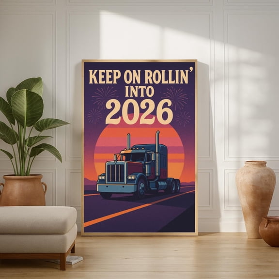 Retro Trucker 2026 Poster | Big Rig Sunset Print | Wall Art, Unframed Paper Poster 8x10in