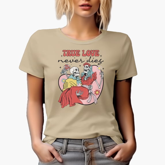 Retro True Love Never Dies with Skeleton Couple, Valentine's Day Gift, Tan T-Shirt, XL