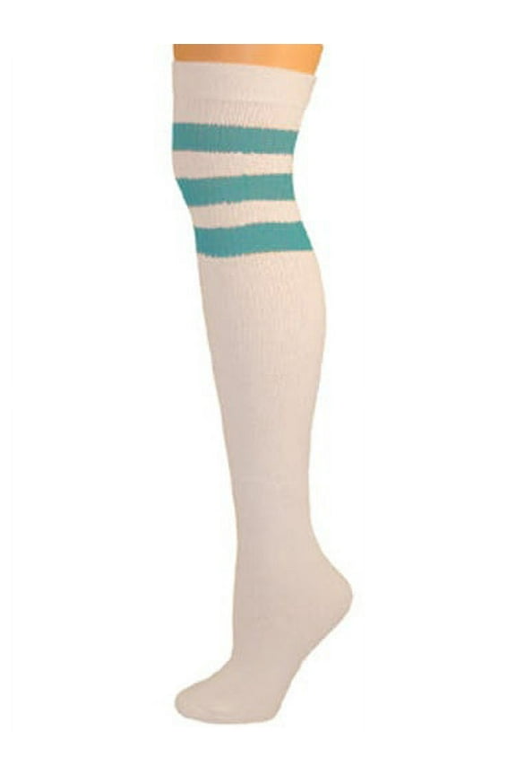 Retro Tube Socks - White w/ Turquoise (Over Knee)