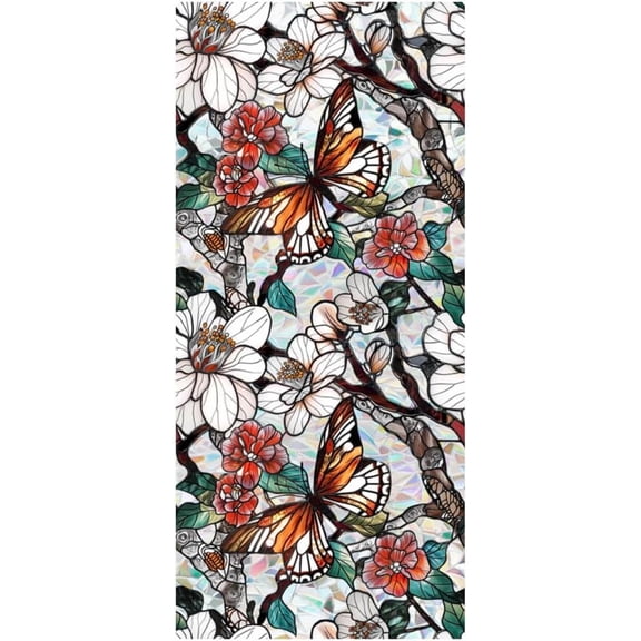 Retro Tulip Flowers Window Privacy Film, Stained Glass Colorful Floral Rainbow Decals, Static Cling Window Covering, Sun Blocking, Removable No Adhesive Sticker, 16.93 x 39.37 inch