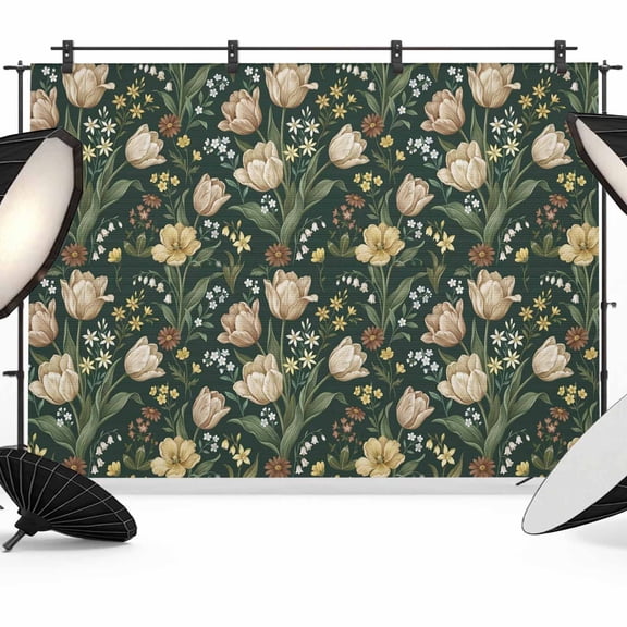 Retro Tulips Backdrop for Photography, Spring Flowers Beige Tulips and Lily of The Valley Photo Backdrop Portrait Background Party Banner Photo Backgrounds for Studio Booth Props, 7x5ft