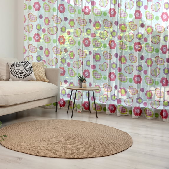 Retro Tulle Curtains with Rod Pocket, Patchwork Inspired Design Colorful Patterned Flowers Hearts and Dots Retro Girlish, Sheer Drape for Wedding Party 2 Panels, 7 Sizes, Multicolor, by Ambesonne