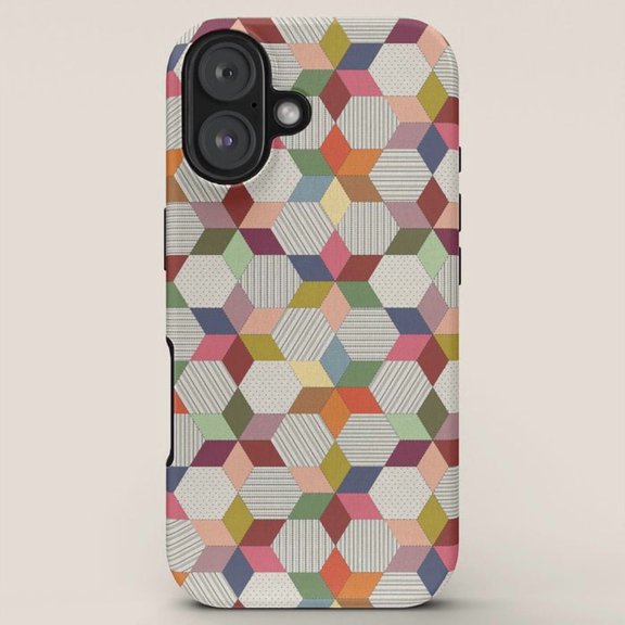 Retro Tumbling Block Geometric Tough Case for Apple iPhone, Polycarbonate Shell with Shock-Absorbing TPU Liner