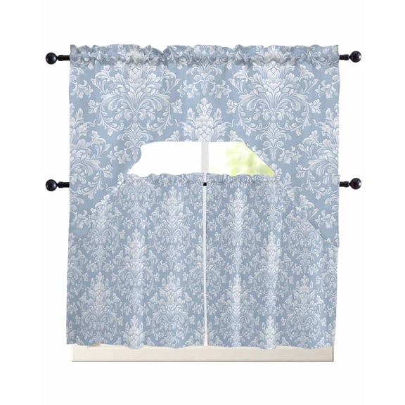Retro Turkish Pattern Swag and Tier Curtains Set Kitchen Valances with Tier Curtains 36 Inches Long, Light Filtering Curtains Blue Mural Farm for Sink Laundry Bathroom