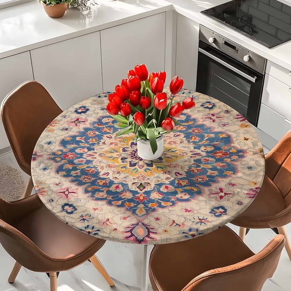 Retro Turkish Tradition Flower Round Fitted Tablecloth with Elastic Edge,Waterproof Table Cloth Fits Tables Up to 36"-44",Wipeable Washable Table Cover for Dinning Party,Medieval Ethnic Pattern
