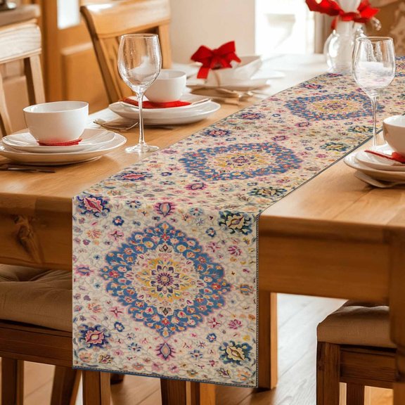 Retro Turkish Tradition Flower Table Runner 36 Inches Long,Kitchen Dining Tablerunners Medieval Ethnic Pattern Linen Table Runners Dresser Scarves for Home Dinner Wedding Holiday Party Decor