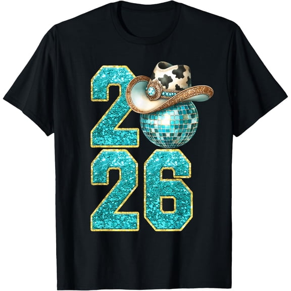 Retro Turquoise Disco Ball New Year 2026 Western Cowgirl Hat T-Shirt tee