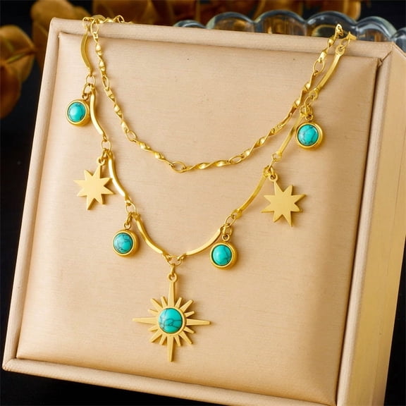 Retro Turquoise Eight-pointed Stars Clavicle Necklace Double Layer