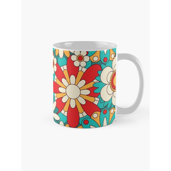 Retro Turquoise, Red and Mustard Daisy Floral Coffee Mug, 11oz Ceramic, Full-Wrap Pattern
