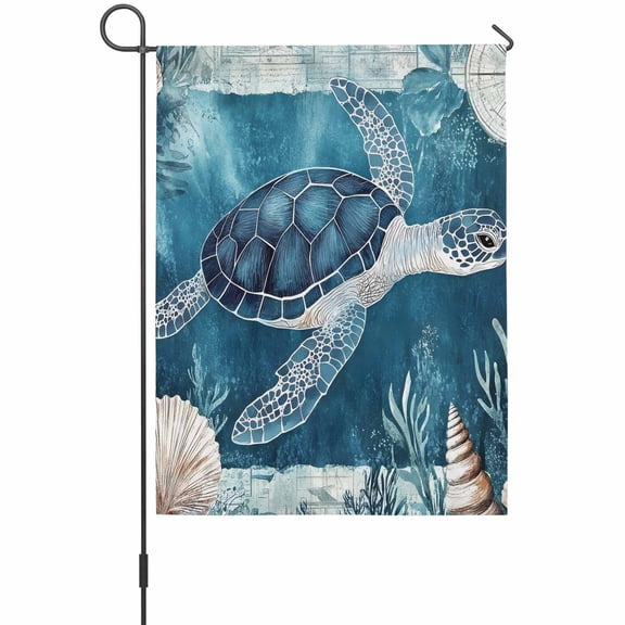 Retro Turtle House Flags For Outdoor, Vintage Nautical Sea Marine Life Seaweed Seashell Coral Small Double Side Yard Flags Weather Proof House Decor for Lawn Outside Holiday 28 x 40 Inches