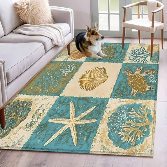 Retro Turtle Starfish Shell Area Rugs 4x6 ft Coral Seaweed Turtle Washable Rug Non Slip Indoor Carpet Absorbent Floor Mat for Living Room Bedroom Dining Room