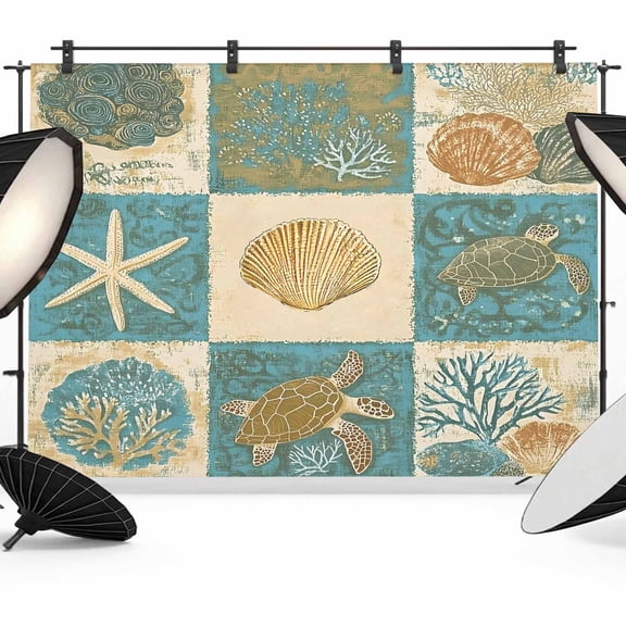 Retro Turtle Starfish Shell Backdrop for Photography, Coral Seaweed Turtle Photo Backdrop Portrait Background Party Banner Photo Backgrounds for Studio Booth Props, 10x8ft