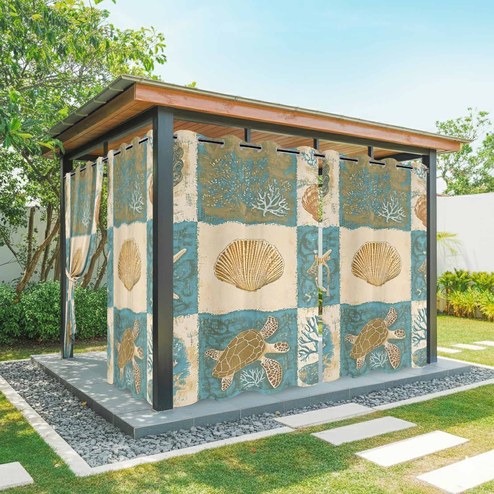 Turtle Shell Pavilion Design Retro Turtle Starfish Shell Outdoor Curtains for Patio Waterproof ...