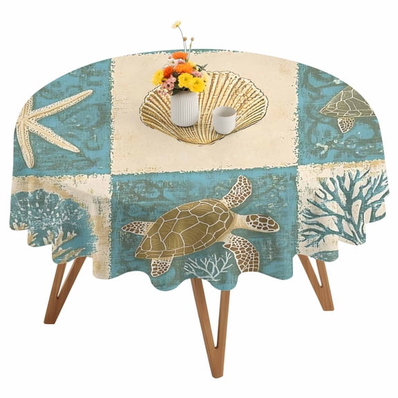 Retro Turtle Starfish Shell Round Tablecloth 54 inches Coral Seaweed Turtle Waterproof Oil-Proof Table Cloth Round Table Cover for Holiday Party Picnic Dinner Decor Indoor and Outdoor Use