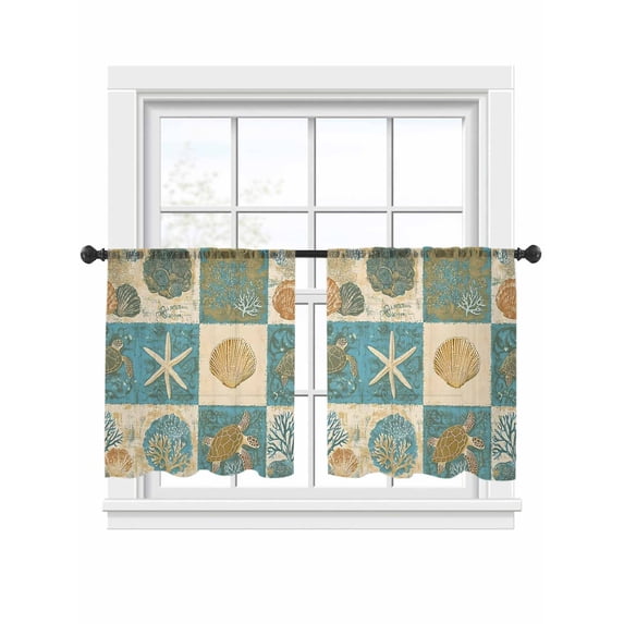 Retro Turtle Starfish Shell Sheer Curtains 45 Inch Long 2 Panels, Coral Seaweed Turtle Light Filtering Rod Pocket Curtains, Sheer Voile Drapes for Living Room Bedroom, 52"x45"