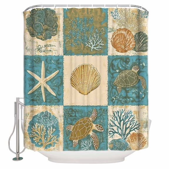 Retro Turtle Starfish Shell Shower Curtain, 72" x 72", Coral Seaweed Turtle Waterproof Bathroom Curtain Washable Shower Curtain Set with 12 Hooks