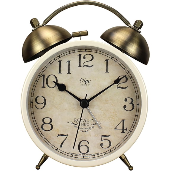 Retro Twin Bell Alarm Clock - Silent Non-Ticking Analog with Night Light, Battery Operated Desk Clock for Bedside (White)