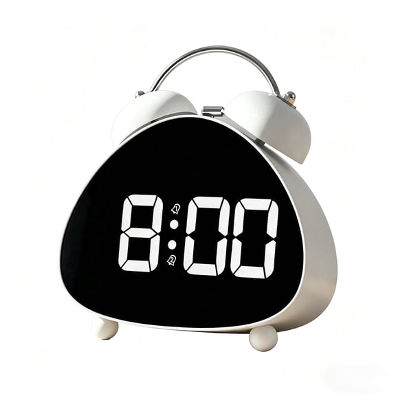Retro Twin Bell Digital Alarm Clock, White - LED Large Display, Dual Alarms, Silent Non-Ticking, USB/Battery Powered, for Bedroom Office