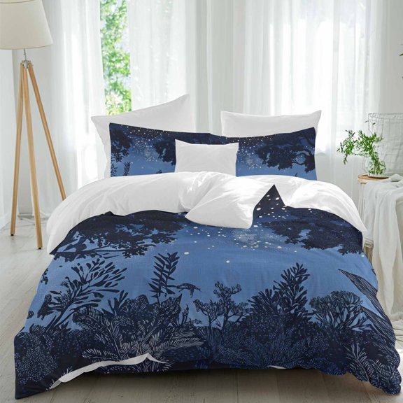 Retro Twin Duvet Cover Set, Starry Sky Night Forest Tree Shadows Pastoral 4 Piece Microfiber Bedding Set with Zipper Closure, Bed Sheet and 2 Pillow Shams, Soft Bedding Cover