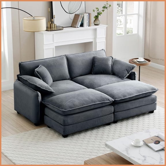 Retro Two-Seater Theater Sofa with Matching Footrest – Grey Corduroy for Compact Living Spaces