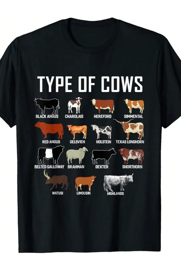 Retro Types of Cows Educational Infographic T-Shirt - Funny Cattle Breeds Farmer Gift - Vintage Animal Lover Graphic Tee for Men and Women