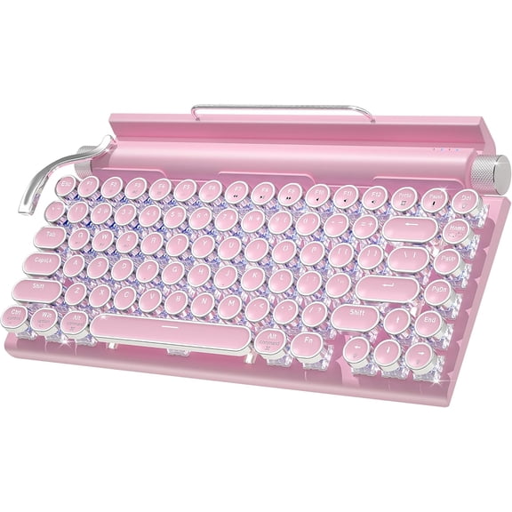 Retro Typewriter Wireless Mechanical Gaming Keyboard, Bluetooth 5.0 Office Computer Vintage Keyboards 83-Key Blue Switches Punk Round Keycap, LED Backlight, Compatible with PC/Laptop/Pad/Phone, White
