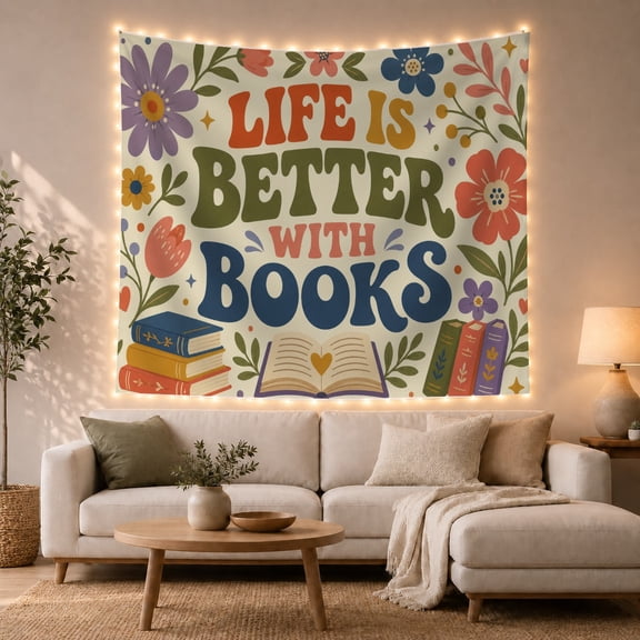 Retro Typography on Cream with Botanicals, Nostalgic Retro for Book Lovers, Botanical Book Lover Artwork, Graduation Gift, Tapestry Wall Hanging for Dorm and Home Library