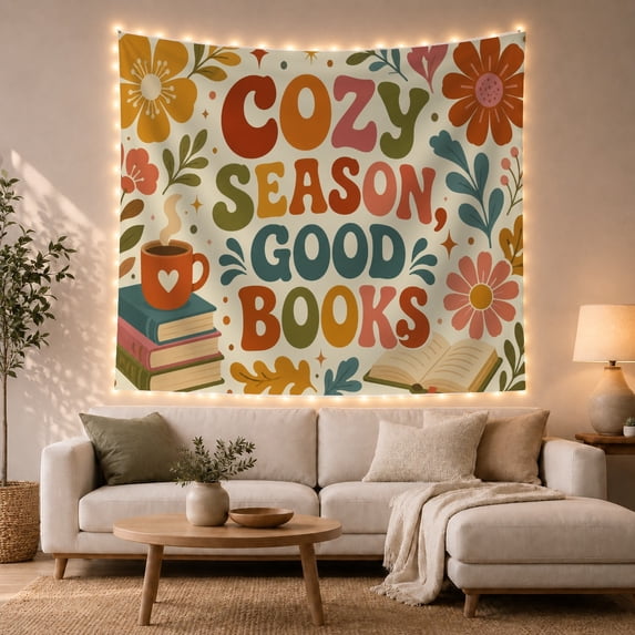 Retro Typography with Steaming Mug and Books on Cream Background, Cozy Boho for Book Lovers, Decorative Wall Art, Back to School Gift, Tapestry Wall Hanging for Home Library and Dorm