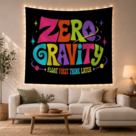 Retro Typography with Zero Gravity on Black Background, Energetic Psychedelic for Gamers, Vibrant Wall Art Decor, Back to School Gift, Tapestry Wall Hanging for Dorm and Gaming Room