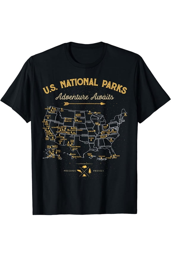 Retro U.S. National Parks Map T-Shirt Adventure Awaits Vintage Nature Outdoors Camping Hiking Graphic Tee for Men Women