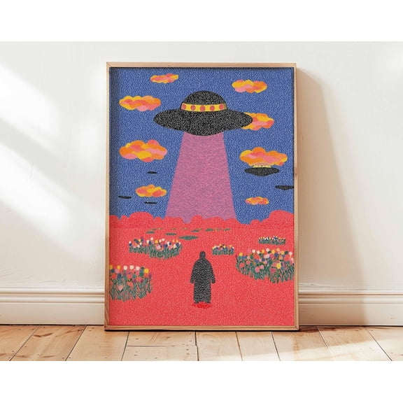 Retro UFO Abduction Alien Wall Art Print, Unframed Paper Poster 8x10in