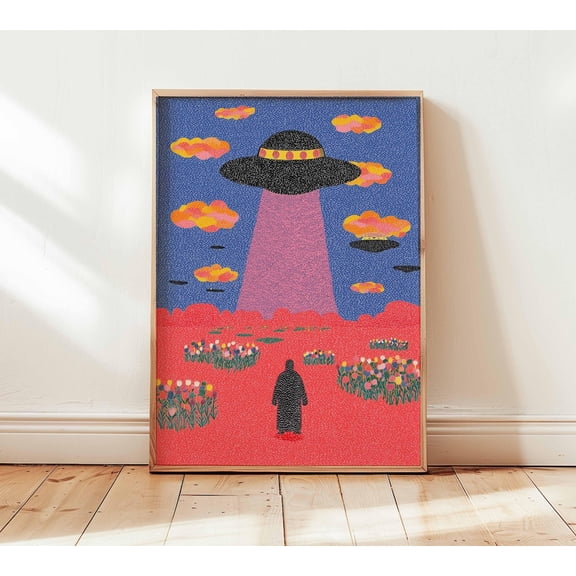 Retro UFO Abduction Psychedelic Alien Spaceship Cosmic Wall Art Unframed Paper Print