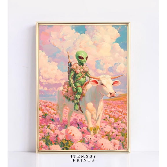 Retro UFO Cow Wall Art Print, Quirky Alien Landscape And Fun Decor