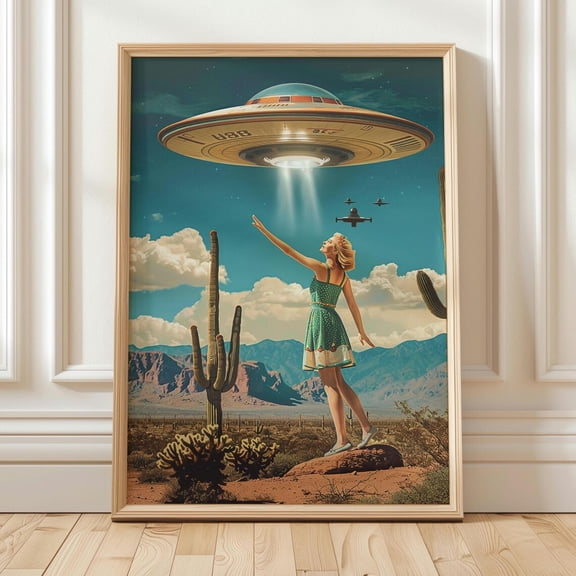 Retro UFO Desert Abduction Poster Unframed Paper Print