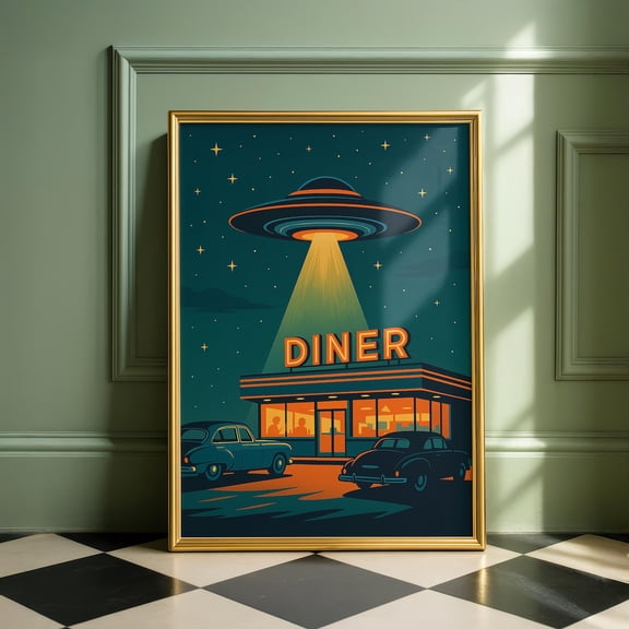 Retro UFO Diner Mid Century Sci Fi Cosmic Neon Poster Unframed Paper Print