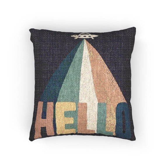 Retro UFO Light Beams HELLO Dark Purple Decorative Woven Pillow, Cotton-Polyester Shell, Space Theme