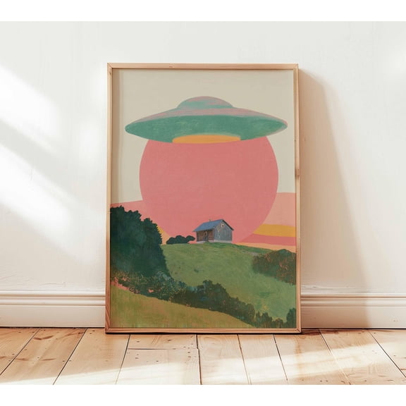 Retro UFO Surreal Landscape Mid Century Modern Sci Fi Alien Decor Unframed Paper Print