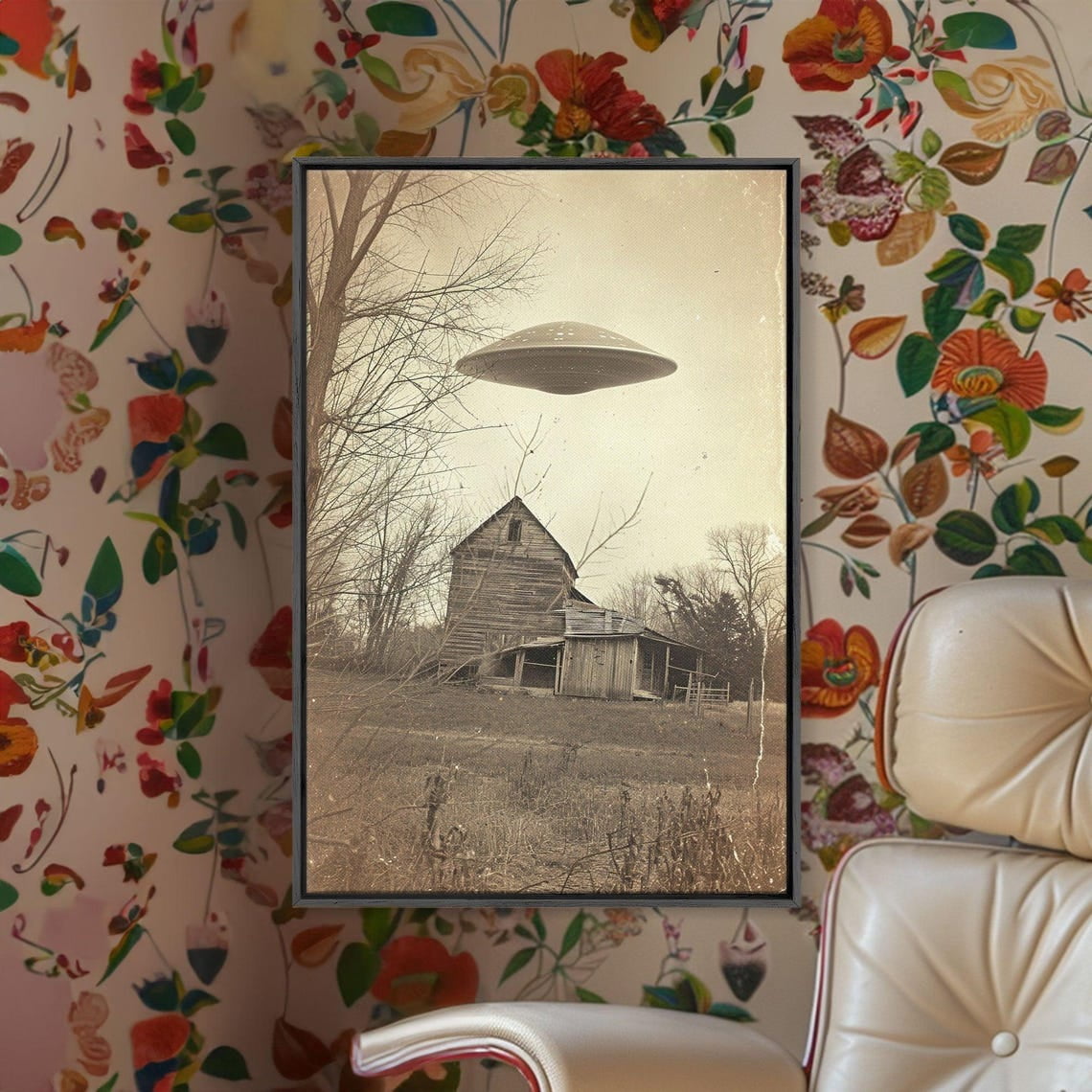 Retro UFO Wall Art Print, Vintage Sci Fi Country Landscape Decor ...