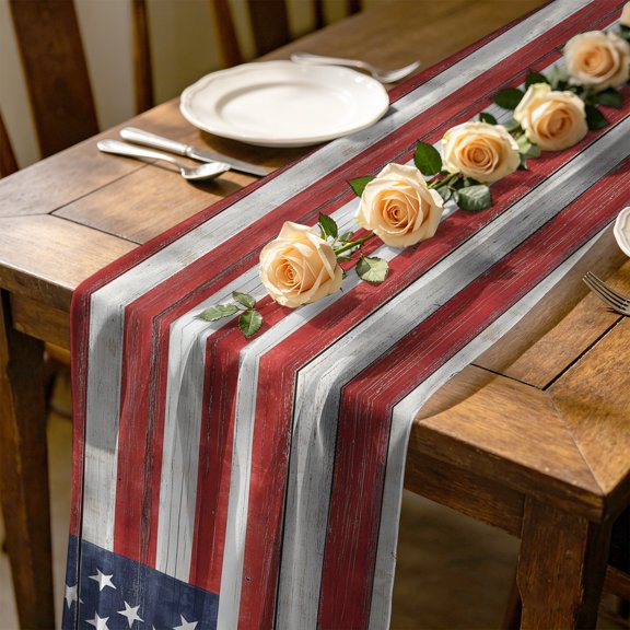 Retro US Flag 10 ft Cheesecloth Table Runner for Wedding 27"x120", Independence Day Kitchen Dinner Sheer Tulle Chiffon Dresser Scarf, Holiday Party Decorations