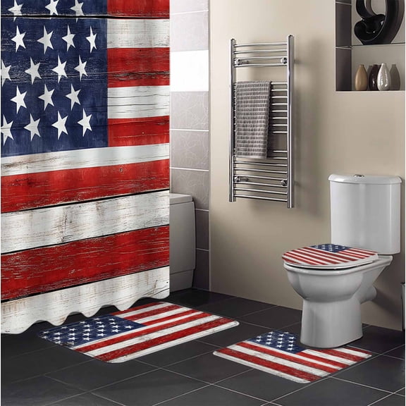 Retro US Flag 4PCS Shower Curtains Set with Toilet Lid Cover Non-Slip Rugs, Independence Day Waterproof Shower Curtain Set for Bathroom with 12 Hooks 72x72 In