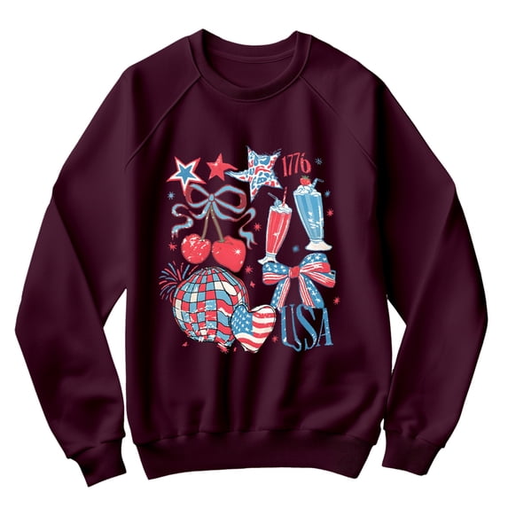 Retro USA 1776 Patriotic Sweatshirt for Women - Vintage Red White Blue Graphic Pullover with Cherries, Milkshakes, Stars & Bow - 4th of July Top