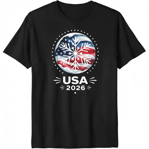 Retro USA 2026 Patriotic Snowflake Graphic T-Shirt - American Flag Stars and Stripes Winter Theme Unisex Short Sleeve Tee - Casual Patriotic Apparel for Men and Women